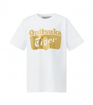 White / Gold Onitsuka Tiger Logo T Shirts | 96187-UCJK