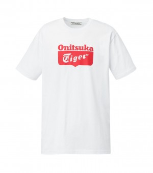 White / Red Onitsuka Tiger Logo T Shirts | 86014-EZFT