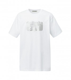 White / Silver Onitsuka Tiger Logo T Shirts | 92431-MZWS