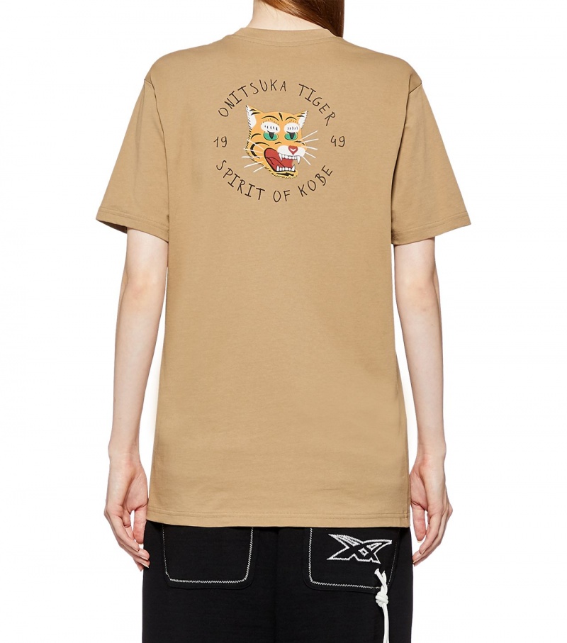 Beige Onitsuka Tiger Graphic T Shirts | 09523-AGQR