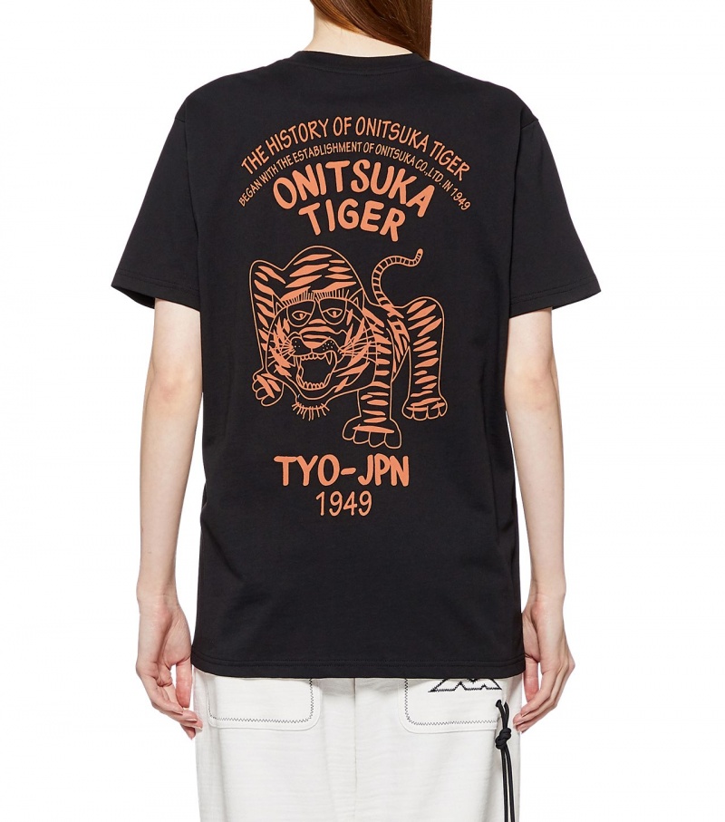 Black Onitsuka Tiger Graphic T Shirts | 07419-VTHD