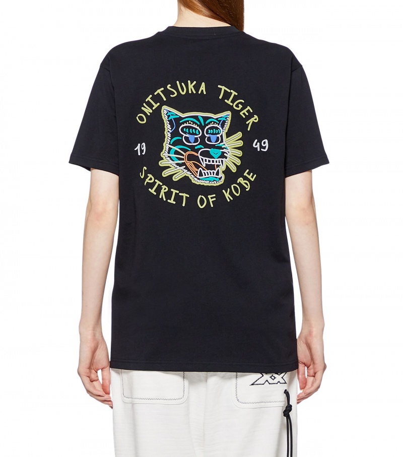 Black Onitsuka Tiger Graphic T Shirts | 58019-DQLM