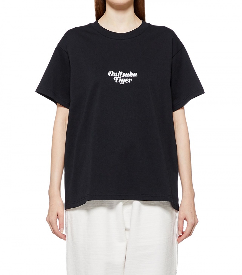 Black Onitsuka Tiger Graphic T Shirts | 69147-WOMT