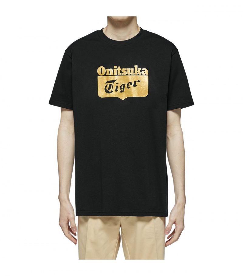 Black / Gold Onitsuka Tiger Logo T Shirts | 93748-UBWD