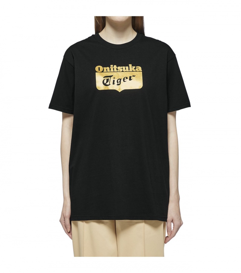 Black / Gold Onitsuka Tiger Logo T Shirts | 93748-UBWD