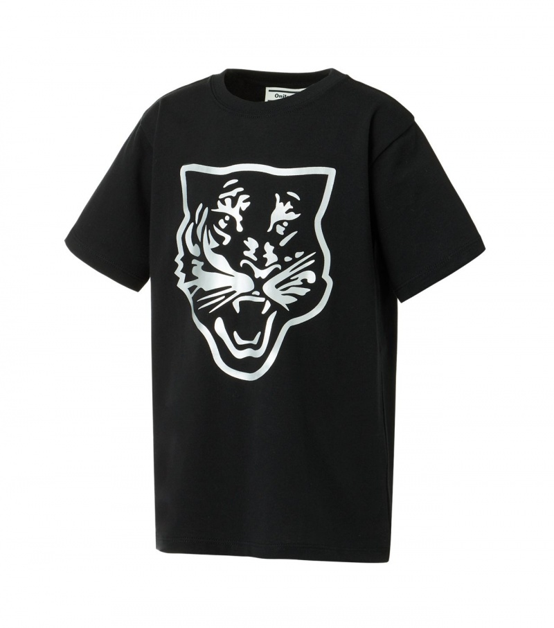 Black / Silver Onitsuka Tiger Logo Graphic T Shirts | 09735-ZXTM