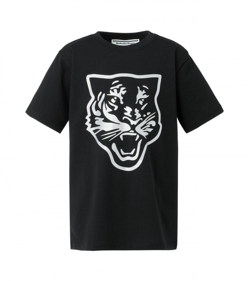 Black / Silver Onitsuka Tiger Logo Graphic T Shirts | 09735-ZXTM