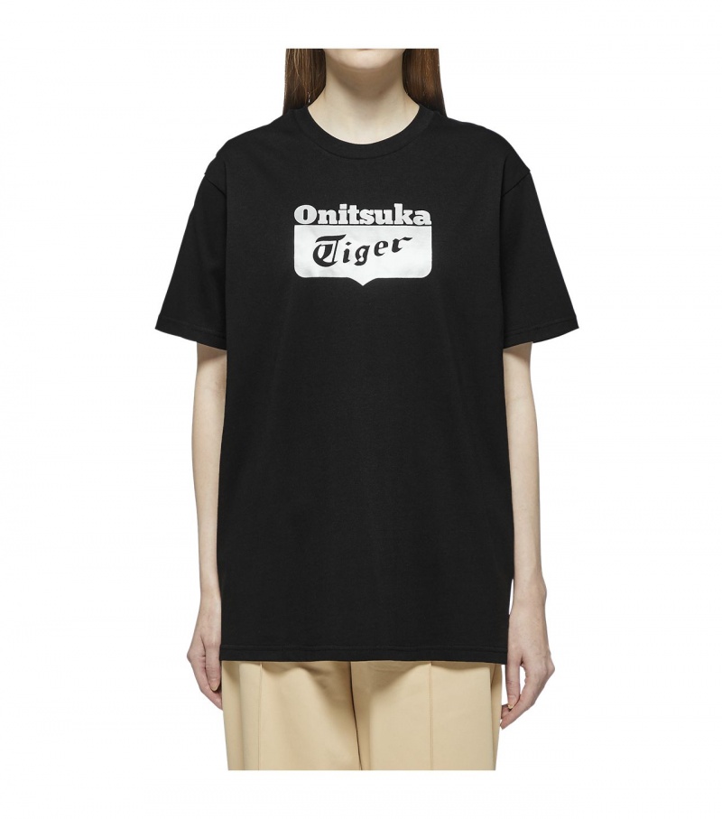 Black / Silver Onitsuka Tiger Logo T Shirts | 15947-HYSW