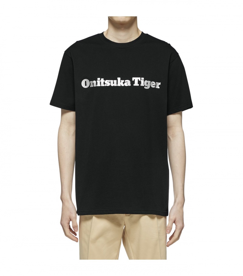 Black / Silver Onitsuka Tiger Logo T Shirts | 87654-RZFQ