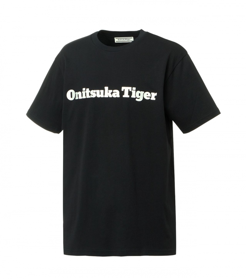 Black / Silver Onitsuka Tiger Logo T Shirts | 93680-WCBK