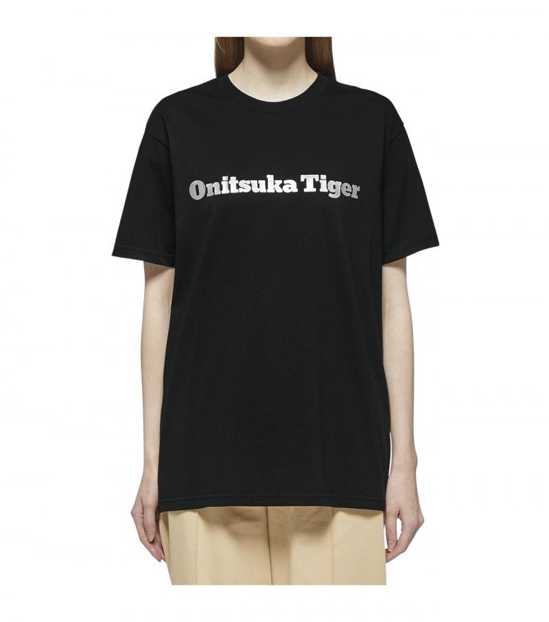 Black / Silver Onitsuka Tiger Logo T Shirts | 93680-WCBK