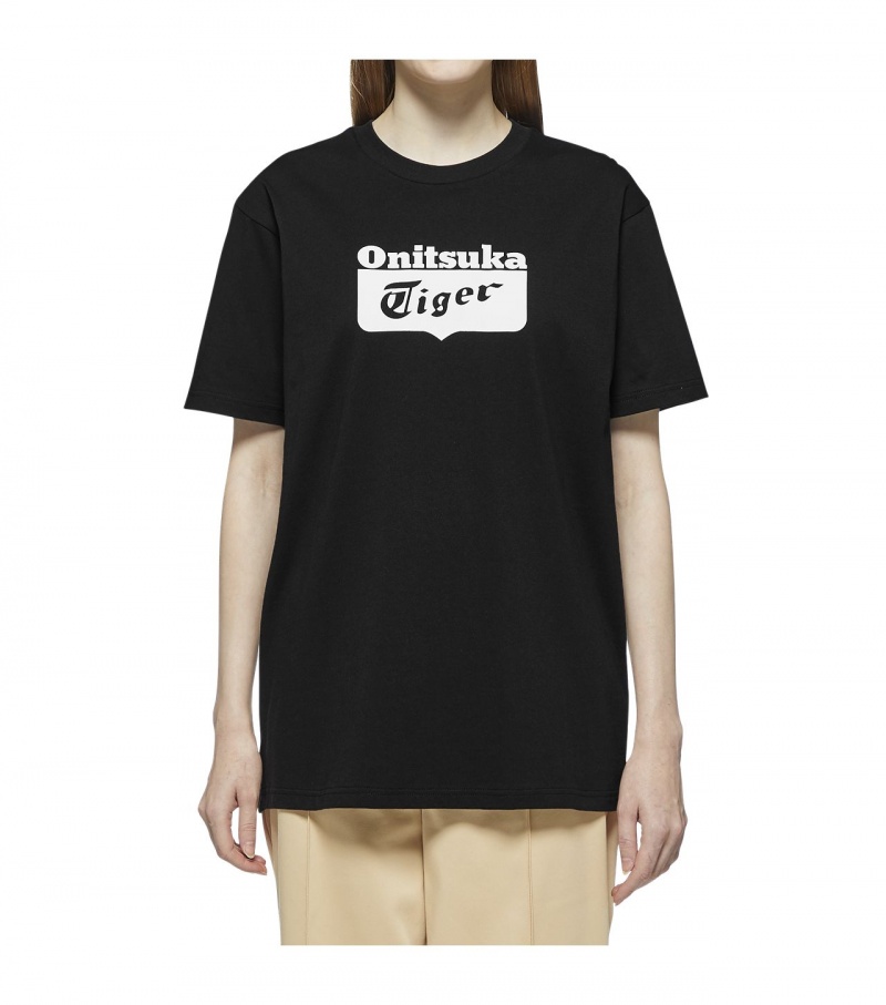 Black / White Onitsuka Tiger Logo T Shirts | 28415-WADQ