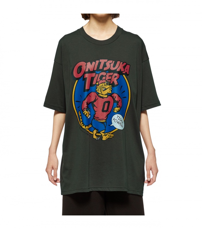 Dark Grey Onitsuka Tiger Graphic T Shirts | 04915-GDQN