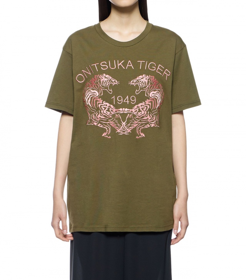 Khaki Onitsuka Tiger Graphic T Shirts | 59147-SNXC