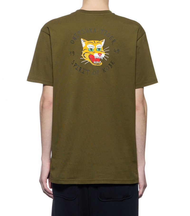 Khaki Onitsuka Tiger Graphic T Shirts | 87492-FOKB