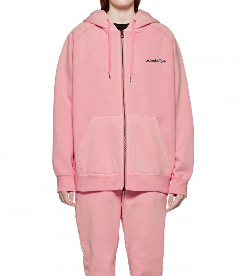 Pink Onitsuka Tiger Washed Zip Up Hoodie | 43708-CQLJ