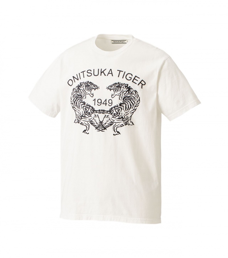 White Onitsuka Tiger Graphic T Shirts | 10573-SBND