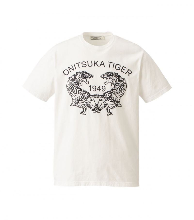 White Onitsuka Tiger Graphic T Shirts | 10573-SBND