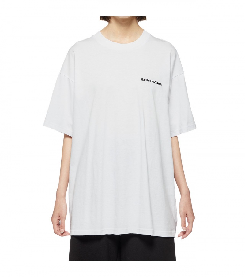 White Onitsuka Tiger Graphic T Shirts | 38957-XVEQ