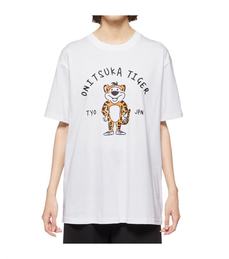 White Onitsuka Tiger Graphic T Shirts | 39061-UDWQ