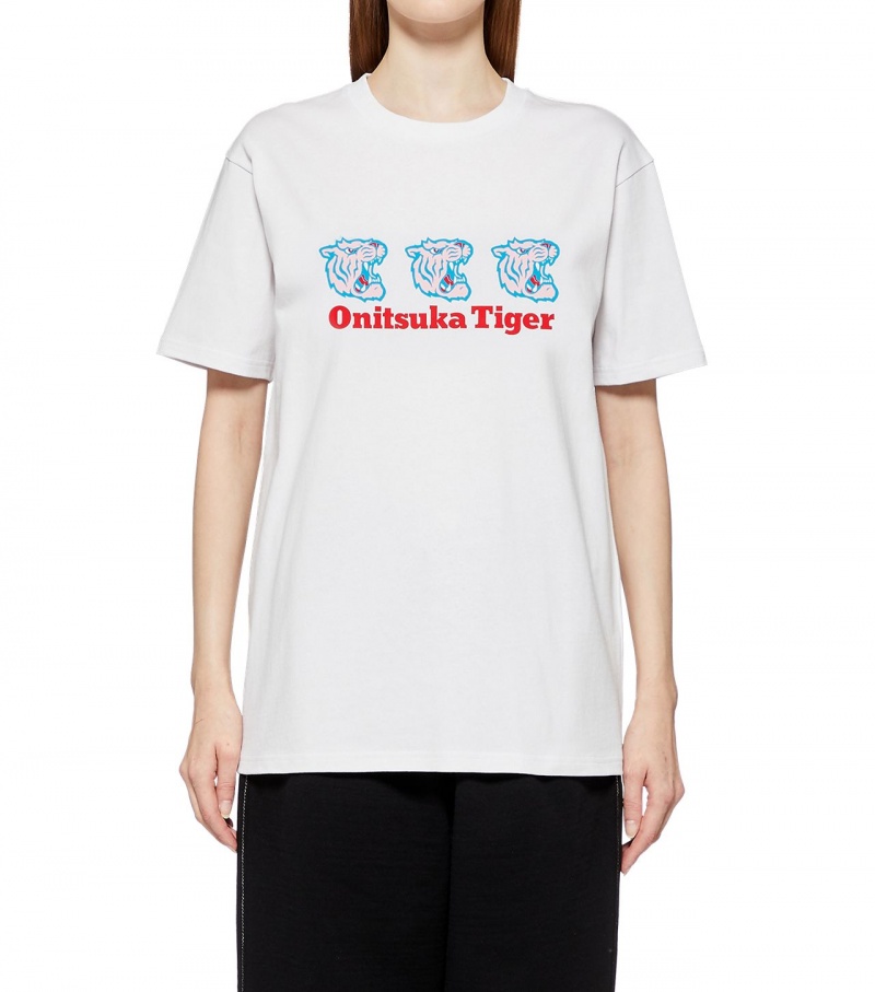 White Onitsuka Tiger Graphic T Shirts | 50623-POES