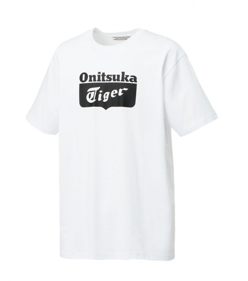 White / Black Onitsuka Tiger Logo T Shirts | 47862-ZEWX