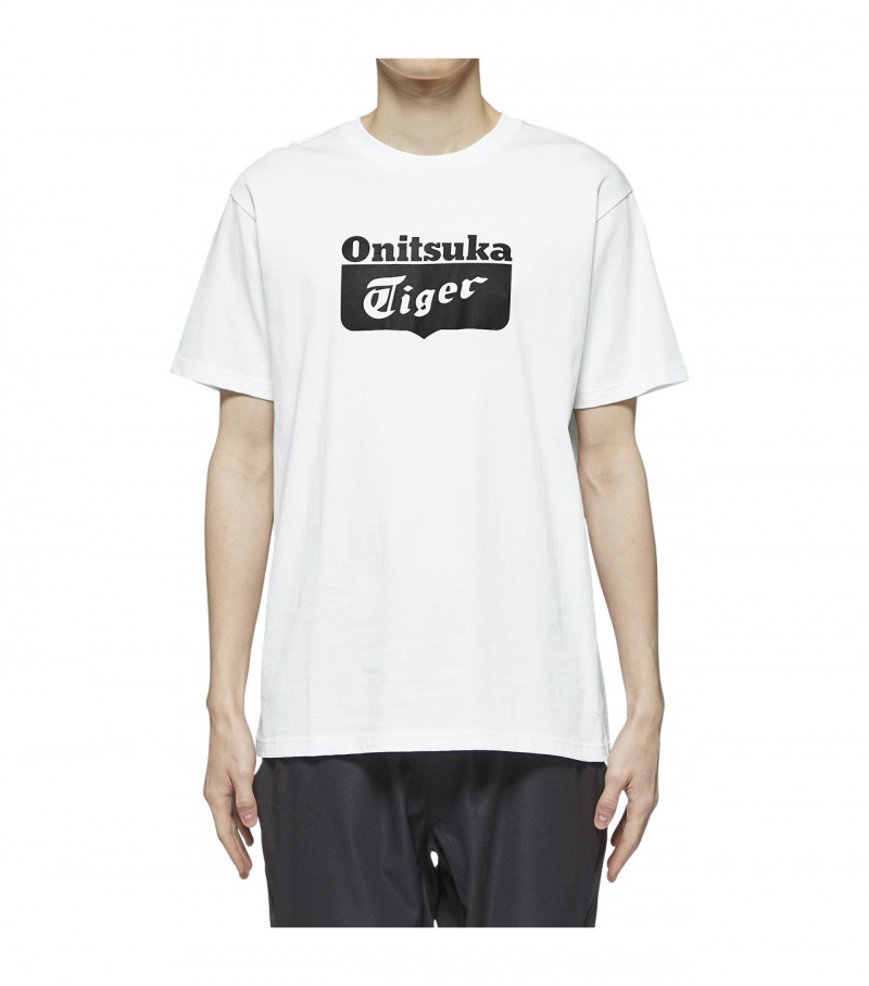 White / Black Onitsuka Tiger Logo T Shirts | 47862-ZEWX