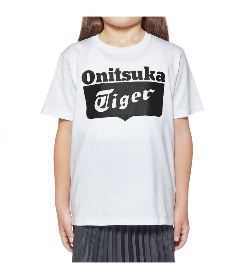 White / Black Onitsuka Tiger Logo T Shirts | 74169-GUOD