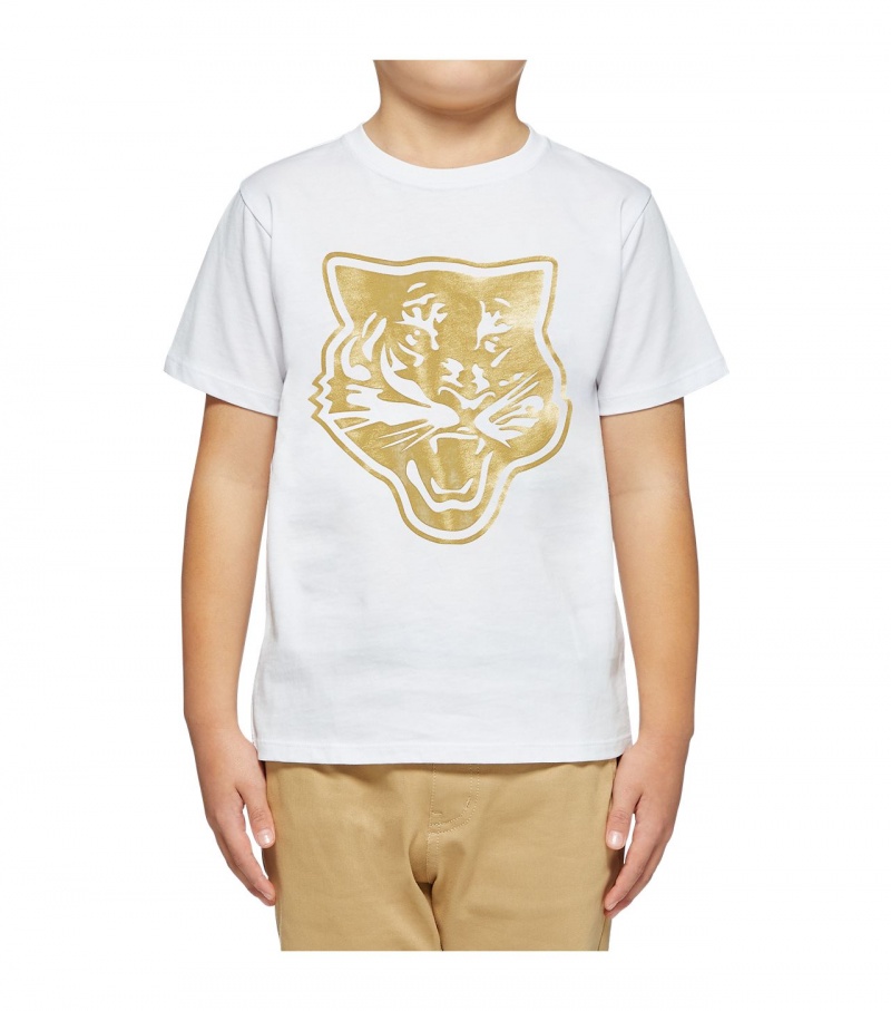 White / Gold Onitsuka Tiger Logo Graphic T Shirts | 14328-SXBZ