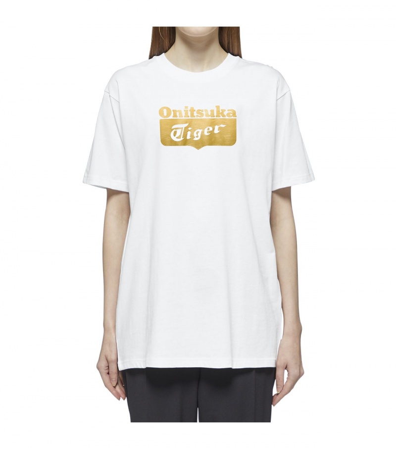 White / Gold Onitsuka Tiger Logo T Shirts | 84715-MSFJ