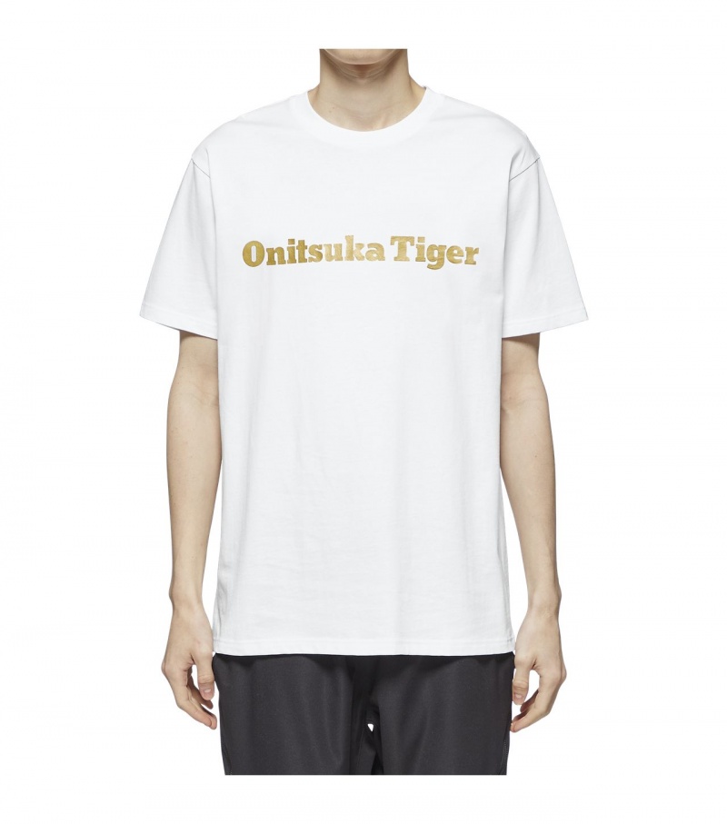 White / Gold Onitsuka Tiger Logo T Shirts | 35426-JOXV