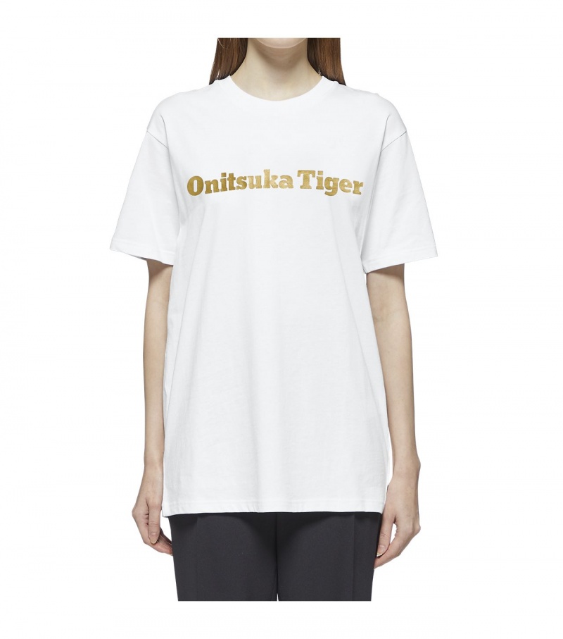 White / Gold Onitsuka Tiger Logo T Shirts | 35426-JOXV