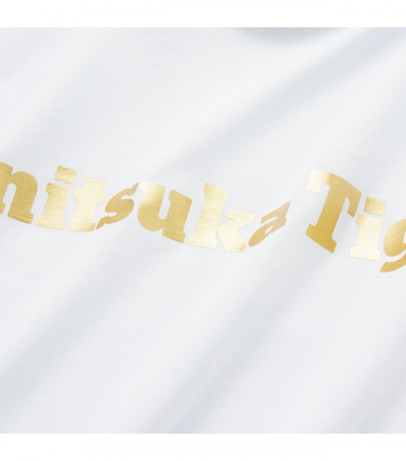 White / Gold Onitsuka Tiger Logo T Shirts | 35426-JOXV