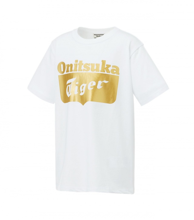 White / Gold Onitsuka Tiger Logo T Shirts | 96187-UCJK