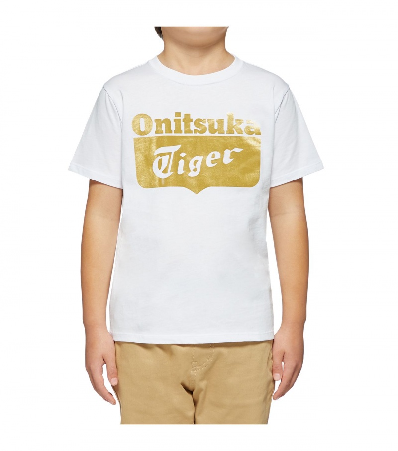 White / Gold Onitsuka Tiger Logo T Shirts | 96187-UCJK