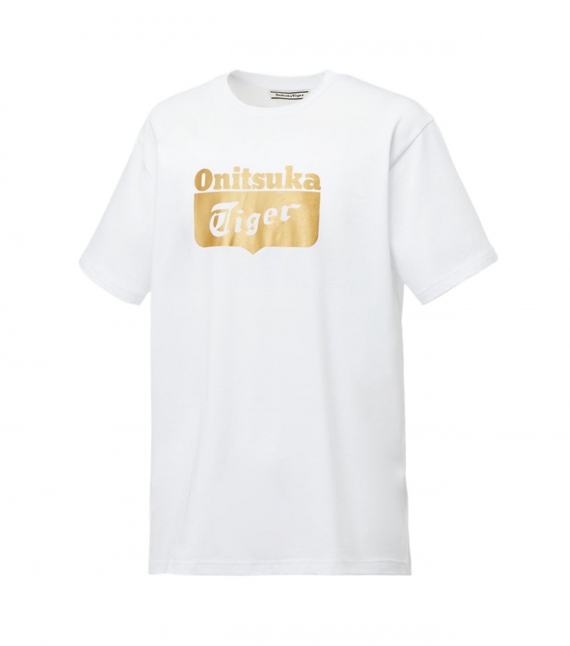 White / Gold Onitsuka Tiger Logo T Shirts | 68397-IURH