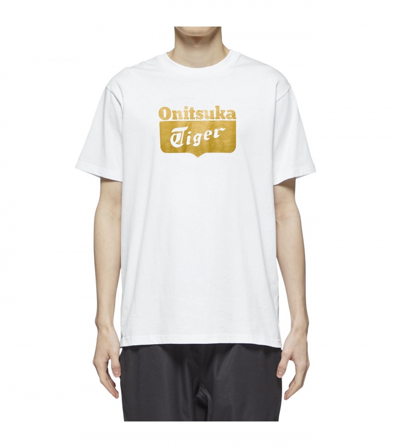 White / Gold Onitsuka Tiger Logo T Shirts | 68397-IURH