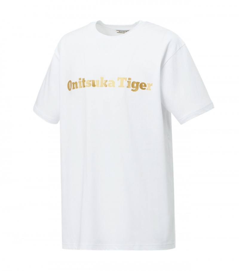 White / Gold Onitsuka Tiger Logo T Shirts | 42538-SHVD