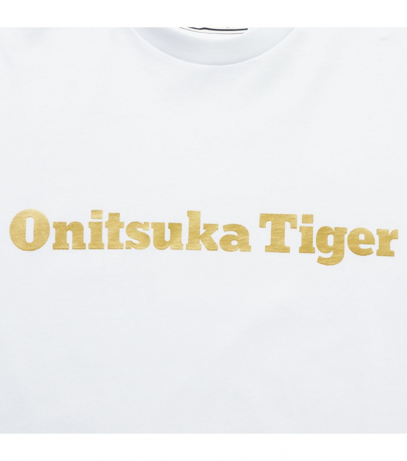 White / Gold Onitsuka Tiger Logo T Shirts | 42538-SHVD