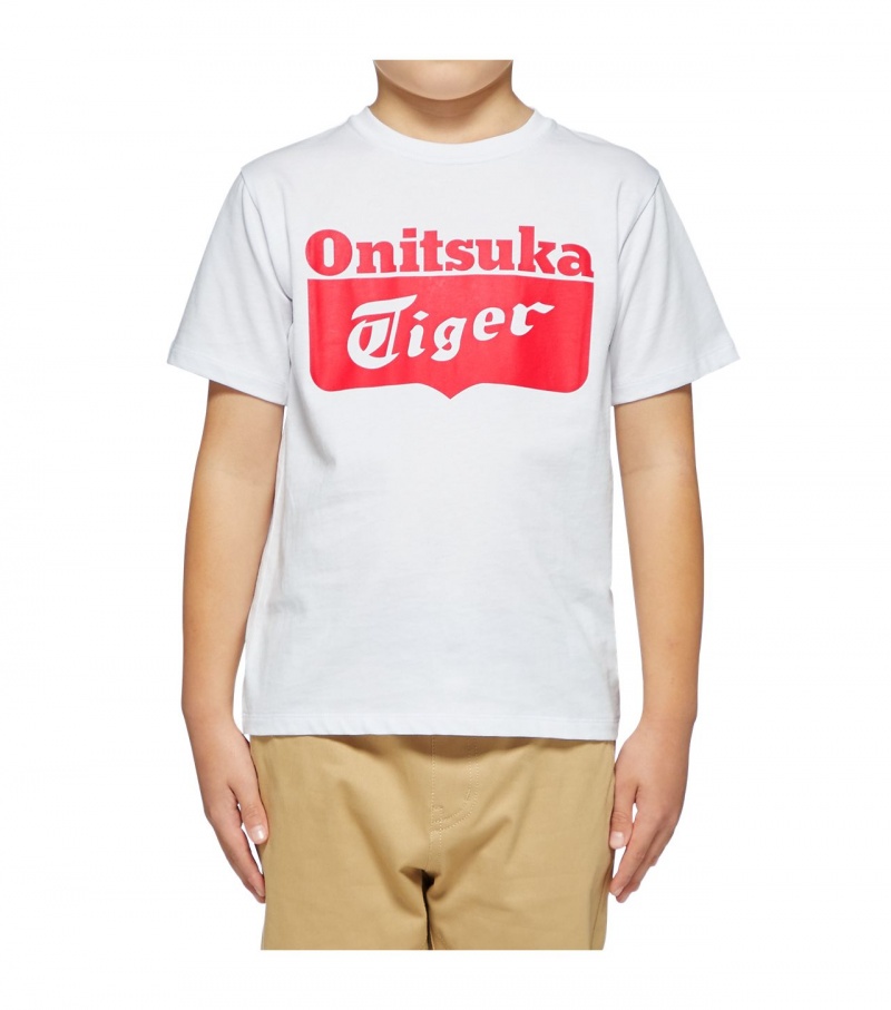 White / Red Onitsuka Tiger Logo T Shirts | 79615-LKQR