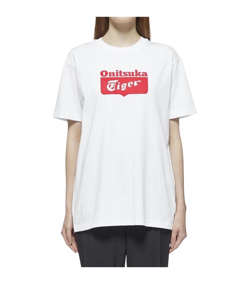 White / Red Onitsuka Tiger Logo T Shirts | 86014-EZFT