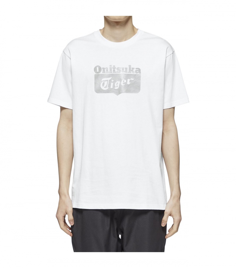 White / Silver Onitsuka Tiger Logo T Shirts | 92431-MZWS