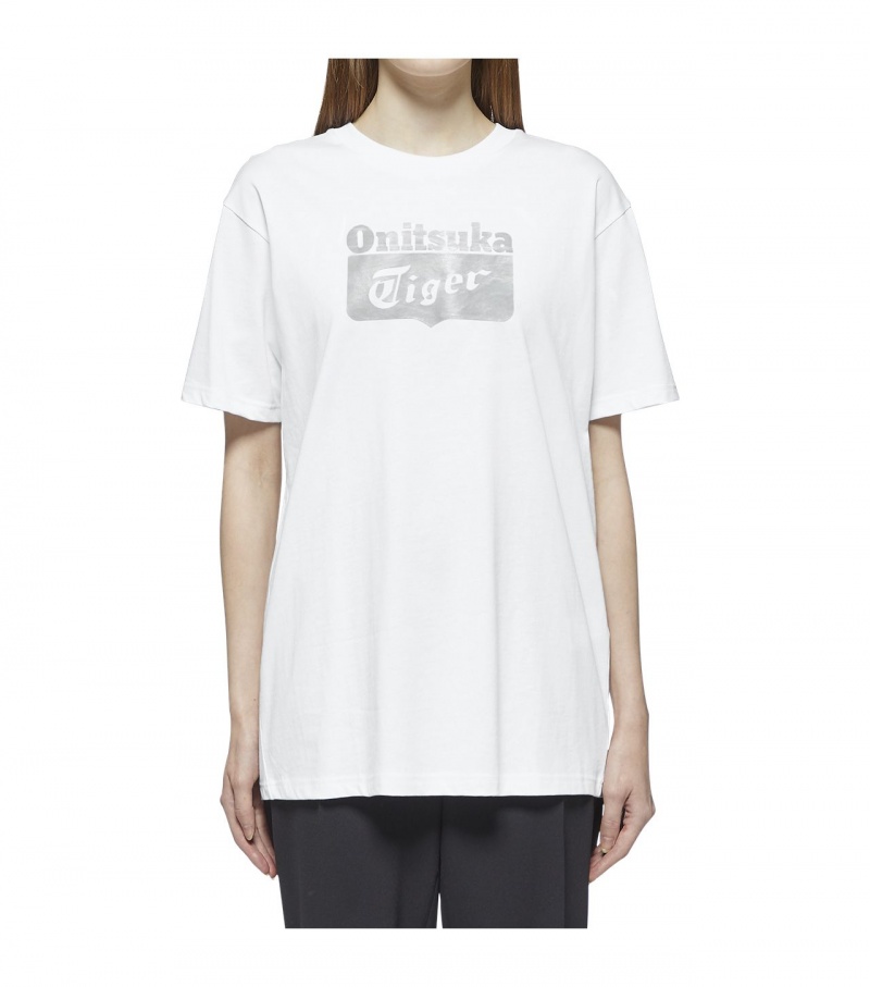 White / Silver Onitsuka Tiger Logo T Shirts | 92431-MZWS