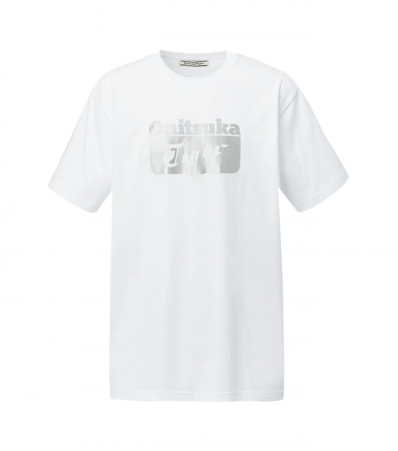 White / Silver Onitsuka Tiger Logo T Shirts | 92431-MZWS