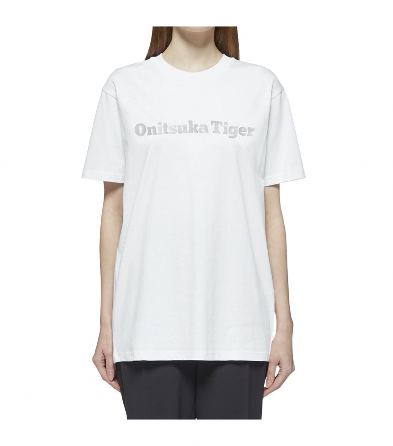 White / Silver Onitsuka Tiger Logo T Shirts | 09472-QKJE