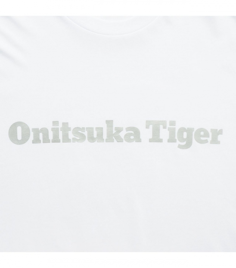 White / Silver Onitsuka Tiger Logo T Shirts | 09472-QKJE