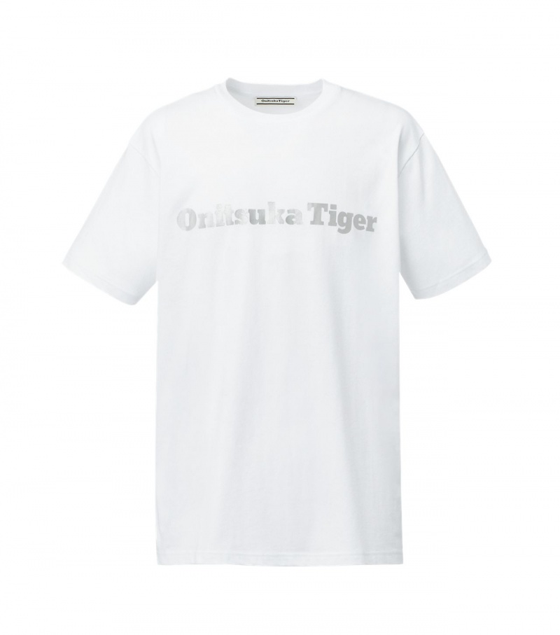 White / Silver Onitsuka Tiger Logo T Shirts | 09472-QKJE