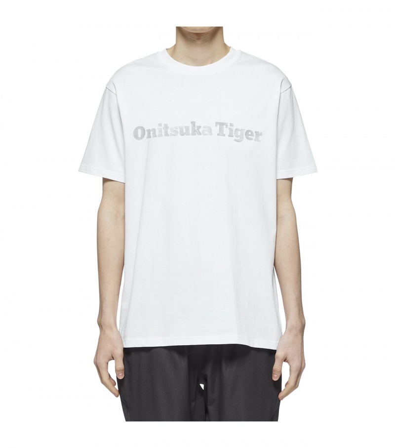 White / Silver Onitsuka Tiger Logo T Shirts | 07238-CPKA